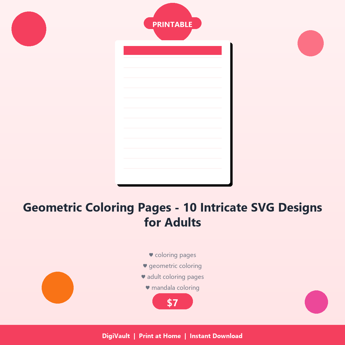Geometric Coloring Pages - 10 Intricate SVG Designs for Adults - DigiVault Digital Product Cover