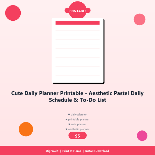Cute Daily Planner Printable - Aesthetic Pastel Daily Schedule & To-Do List - DigiVault Digital Product Cover