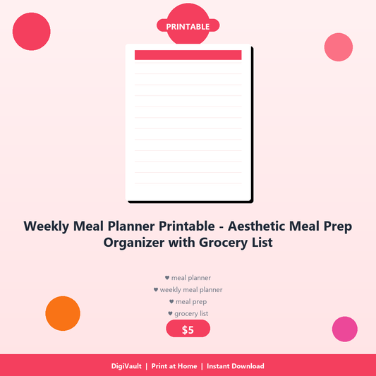 Weekly Meal Planner Printable - Aesthetic Meal Prep Organizer with Grocery List - DigiVault Digital Product Cover